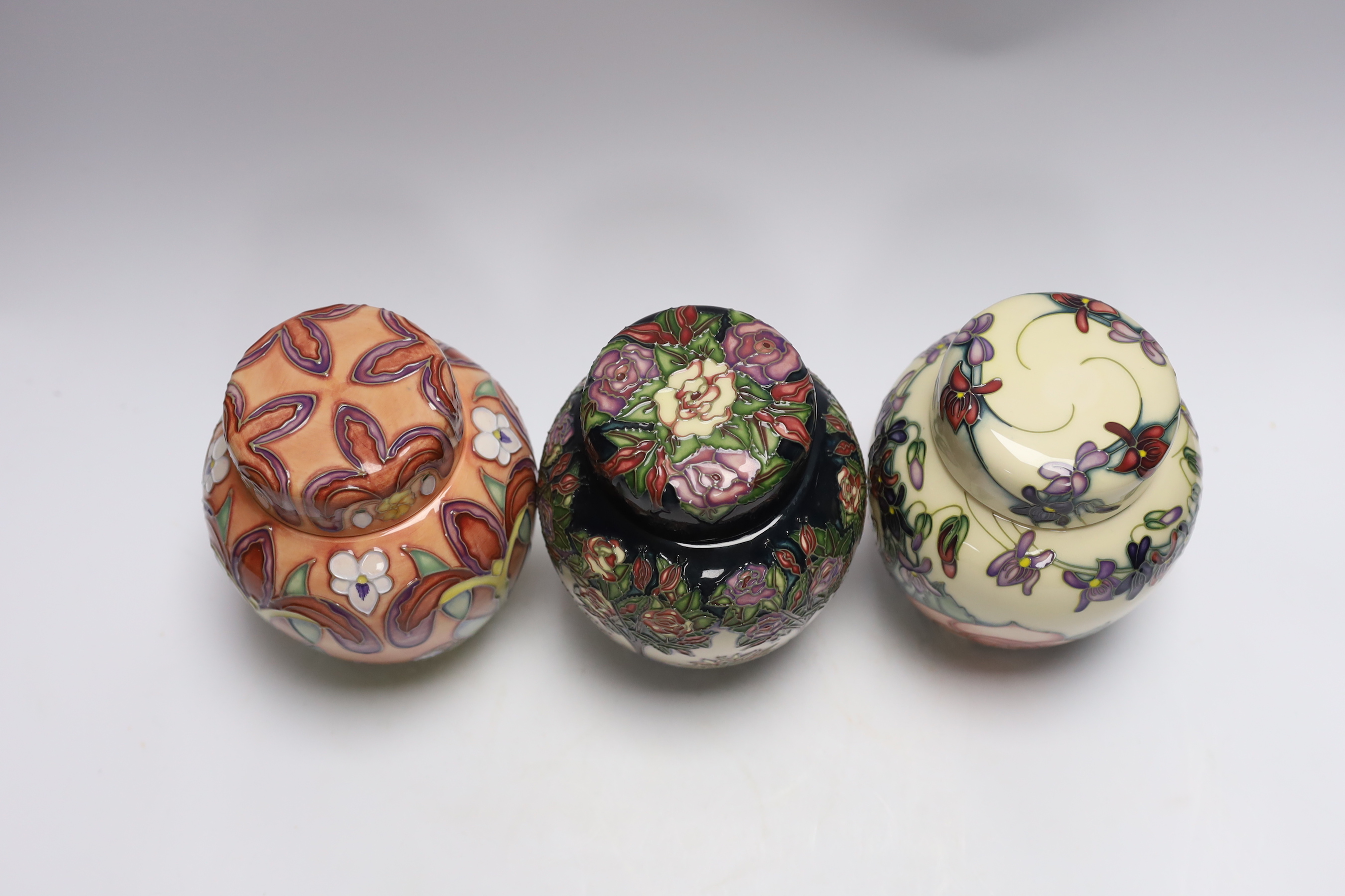 Three Moorcroft Shakespeare collection ginger jars; Winter's Tale, Romeo & Juliet and Twelfth Night patterns, all limited edition of 250, 15cm high